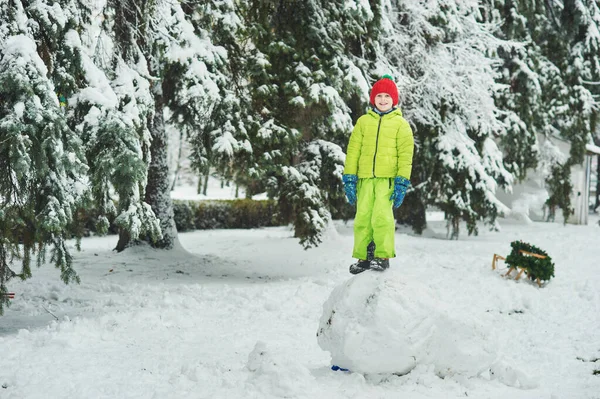 Αγόρι Που Διασκεδάζει Και Στέκεται Στο Χιονόμπαλα Χιονισμένο Χειμωνιάτικο Ξύλο — Φωτογραφία Αρχείου