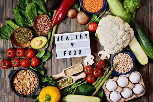 Különböző Zöldségek Háttér Egészséges Étel Koncepció Lapos Fekvés Friss Zöldségek — Stock Fotó