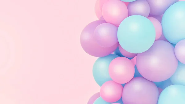 Colorful balloons background, punchy pastel colored and soft focus. pink and mint balloons photo wall birthday decoration. Pink background Copy space. Web banner. Wedding party.
