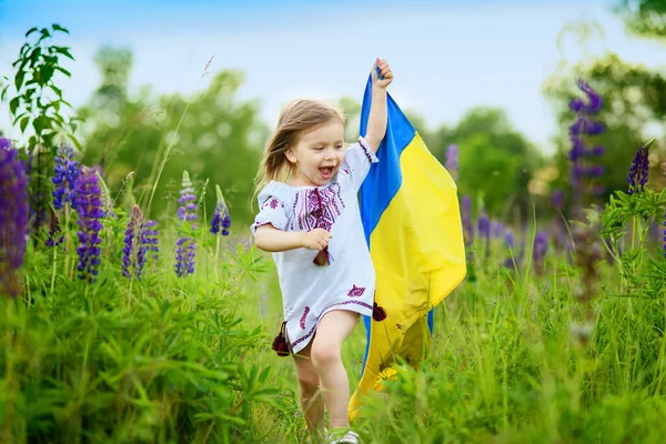 Barn Bär Fladdrande Flagga Ukraina Fält Ukrainas Självständighetsdag Flaggdag Konstitutionsdag Royaltyfria Stockbilder