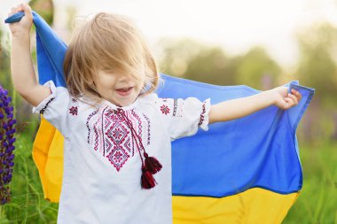 Çocuk, Ukrayna 'nın dalgalanan bayrağını tarlada taşıyor. Ukrayna 'nın Bağımsızlık Günü. Bayrak Günü. Anayasa günü. Geleneksel Ukrayna bayrağıyla nakışçı kız