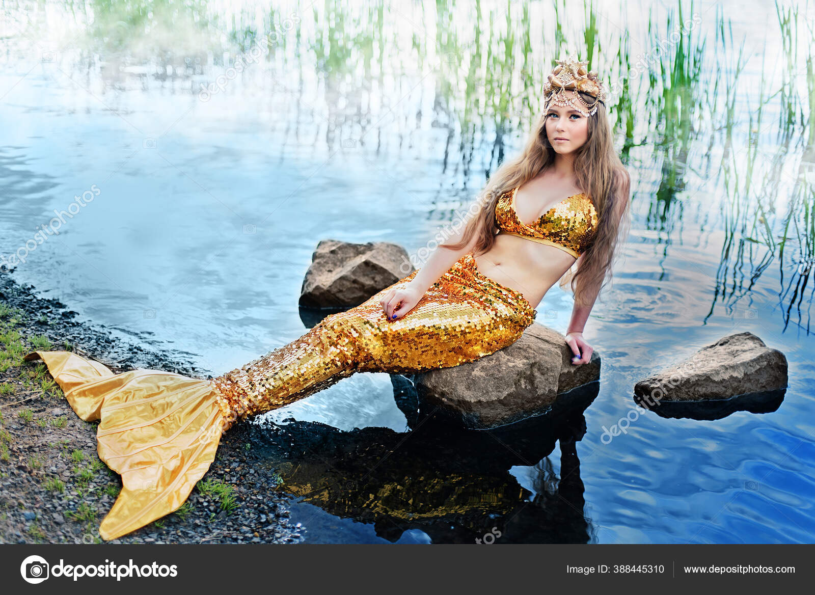 Fantasy Woman Real Mermaid Myth Goddess Sea Golden Tail Sitting ...