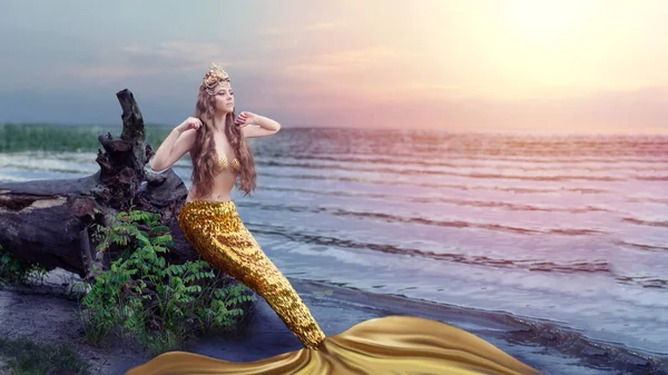 Fantasy Woman Real Mermaid Trident Myth Goddess Sea Golden Tail Stock Picture
