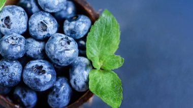 Hindistan cevizi kabında koyu arkaplanda taze toplanmış yabanmersini. Sağlıklı organik mevsimlik meyve arka planı. Meyveler yakın plan.
