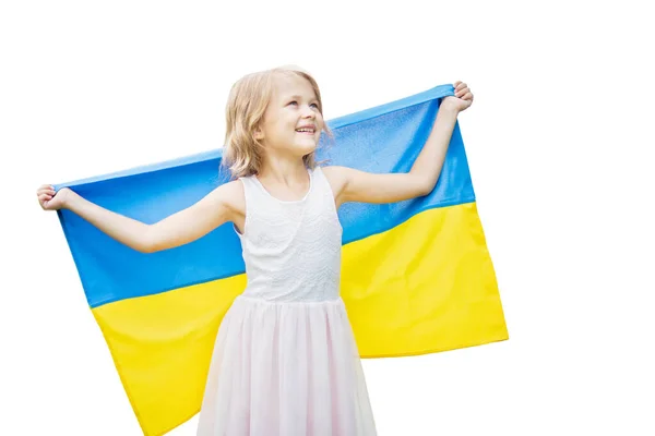 Дитина Несе Мерехтливий Синій Жовтий Прапор України Ізольований Білому День — стокове фото