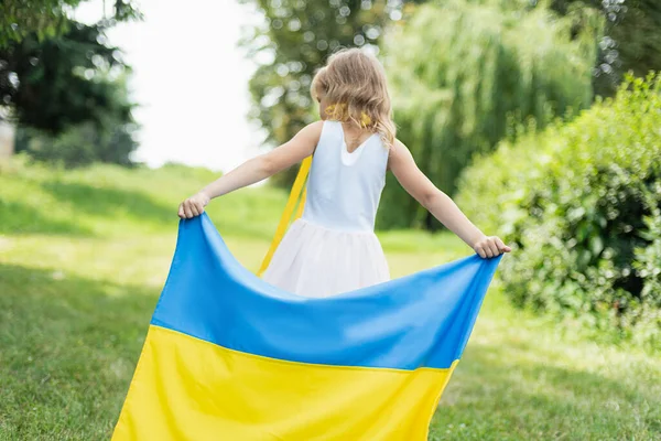 Niño Lleva Ondeando Bandera Azul Amarilla Ucrania Campo Día Independencia — Foto de Stock