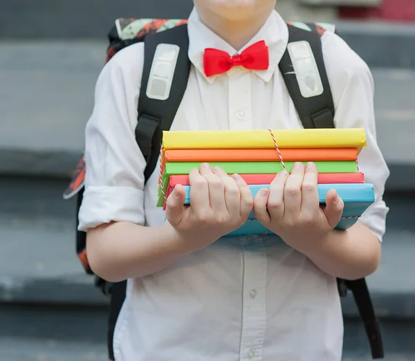 Portret Van Een Jonge Schooljongen Met Boeken Rode Appel Achtergrond — Stockfoto