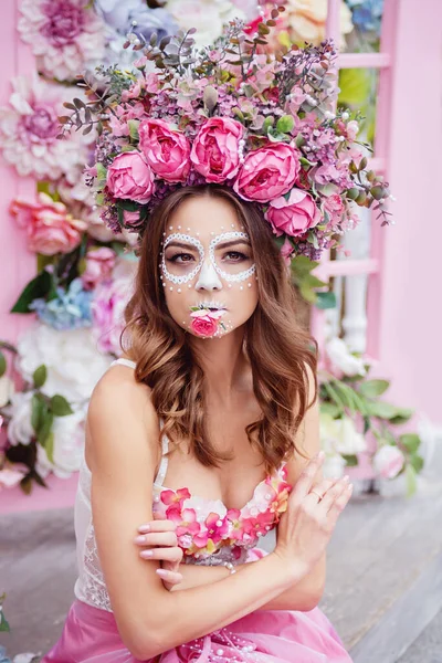 Portrait Rapproché Calavera Catrina Robe Rose Maquillage Crâne Sucre Dia — Photo