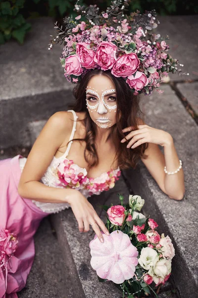 Portrait Rapproché Calavera Catrina Robe Rose Maquillage Crâne Sucre Dia — Photo