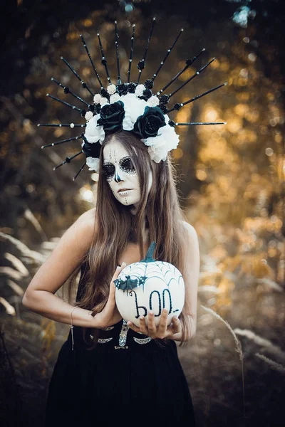 Ritratto Ravvicinato Calavera Catrina Abito Nero Trucco Del Cranio Zuccherato — Foto Stock