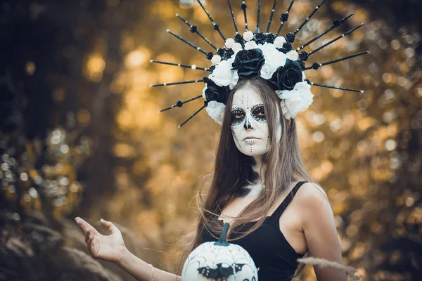 Portrait Rapproché Calavera Catrina Robe Noire Maquillage Crâne Sucre Dia — Photo