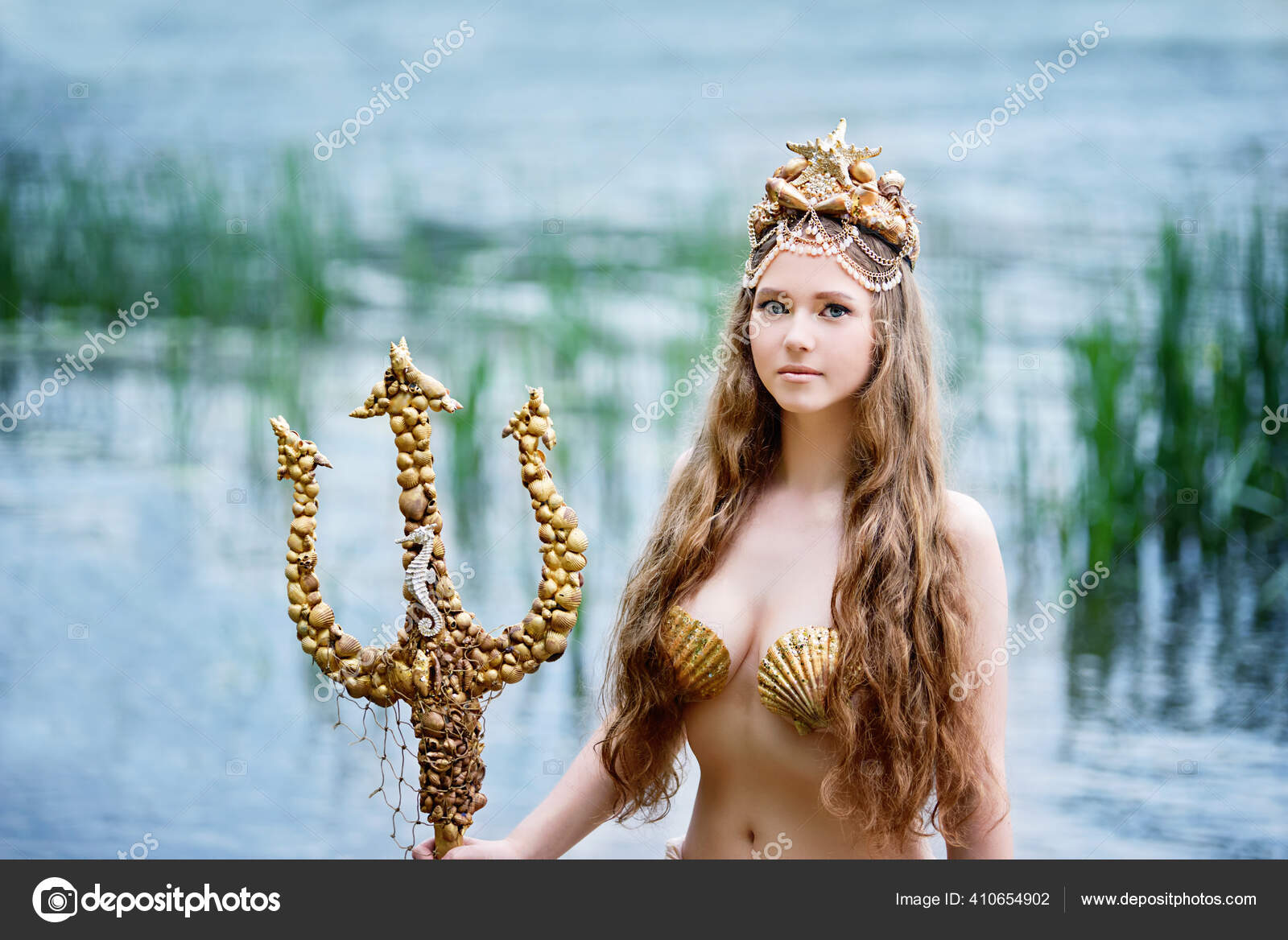 Fantasy Woman Real Mermaid Trident Myth Goddess Sea Golden Tail ...