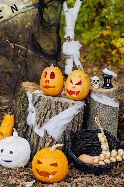 Fondo Calabaza Festiva Halloween Fondo Halloween Bosque Espeluznante — Foto de Stock