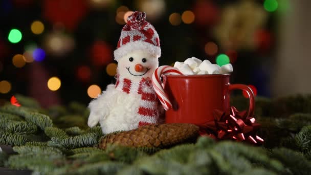 Holiday Background Happy New Year 2021 Cup Toy Snowman Bokeh — Stock video