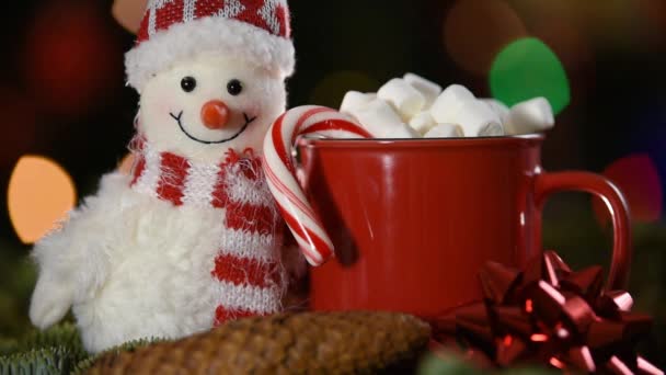 Holiday Background Happy New Year 2021 Cup Toy Snowman Bokeh — Stock video