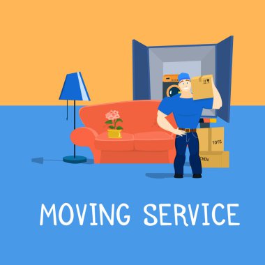 Hareketli hizmet adamla mobilya ve hareketli kamyon vektör çizim Eps10