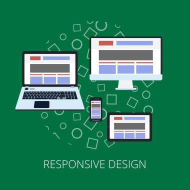 İnternet duyarlı reklam için düz tasarım simgeler web tasarım ve grafik tasarım. Tablet, dizüstü bilgisayar, cep telefonu ve masaüstü simgeleri ekranlar. Vektör çizim