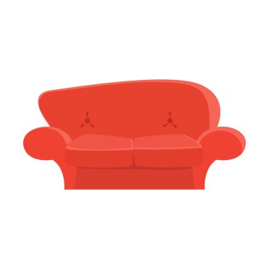 Karikatür tarzı kırmızı güzel koltukta. Düz vektör çizim.