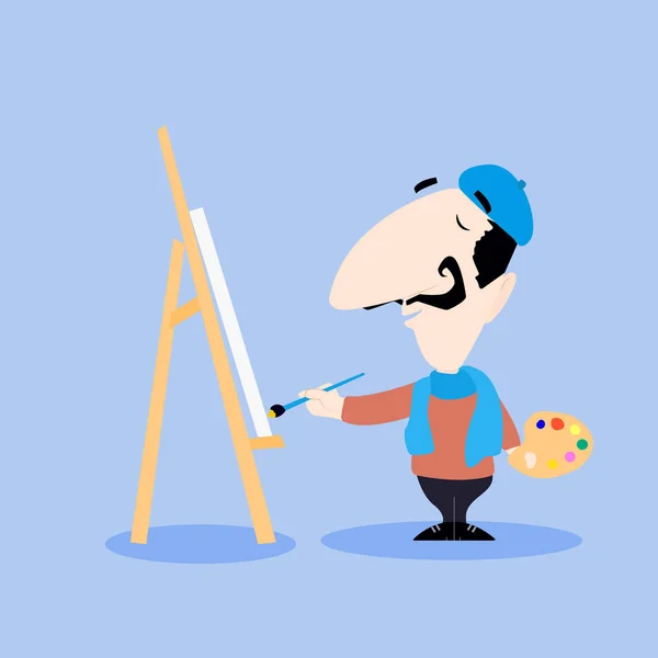 Male Artist Cartoon Character Painting Canvas Brush Vector Illustration — Stock Vector
