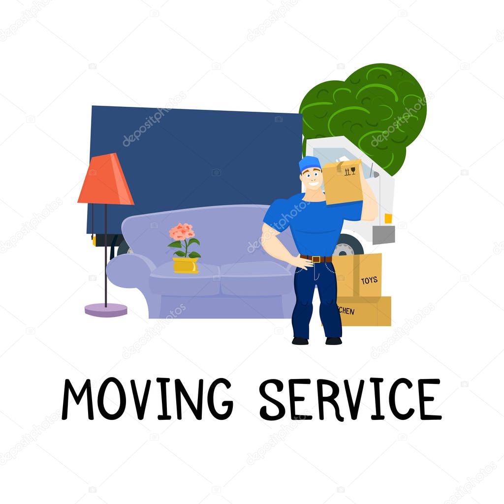 Moving service guy with furniture and moving truck vector illustration EPS10