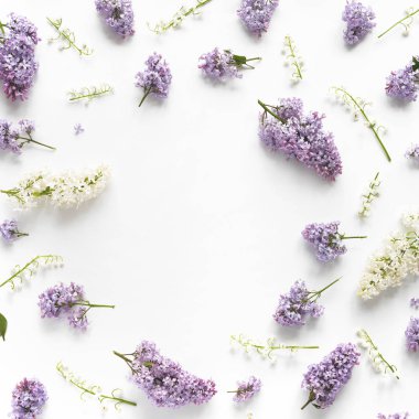 Beyaz zemin üzerine eflatun ve beyaz çiçekli çiçek kompozisyon