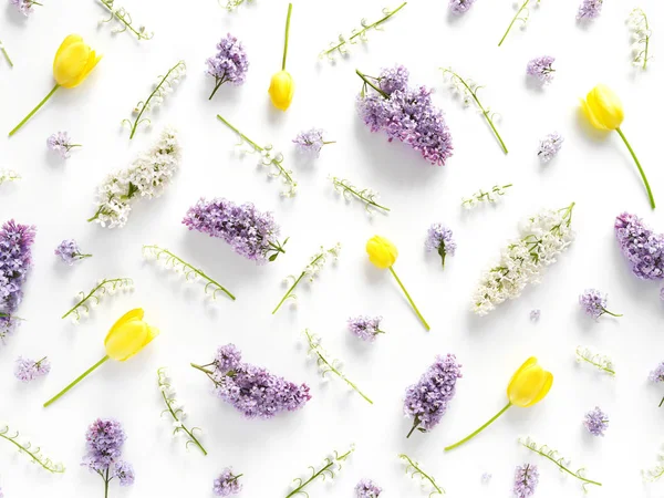 Floral Samenstelling Met Lila Gele Tulpen Witte Bloemen Witte Achtergrond — Stockfoto