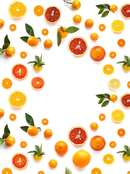 Top View Sliced Blood Oranges Lemons Tangerines White Background — Stock Photo, Image