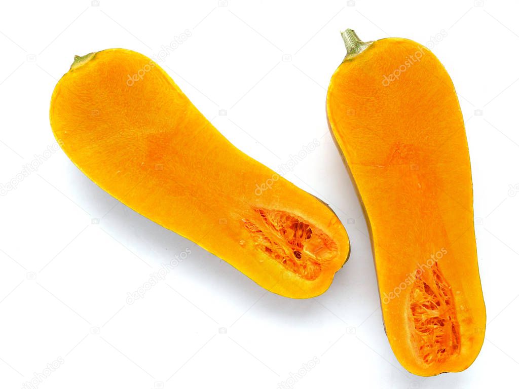 view of two ripe butternut squashes isolated on white