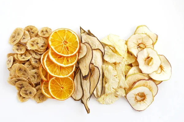 Pile Dried Banana Orange Pear Pineapple Apple Slices White Surface — Stock Photo, Image