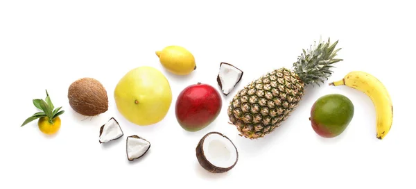 Fruits Isolated White Background Top View Creative Composition Tropical Fruits — Stock Photo, Image