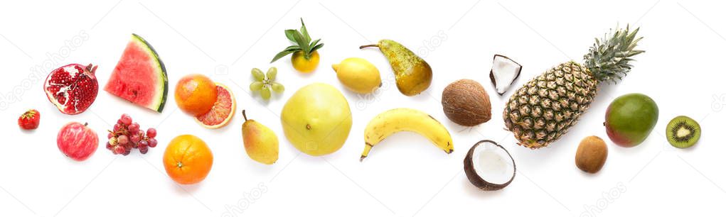 Fruits isolated on white background, top view. Creative composition of tropical fruits, flat layout