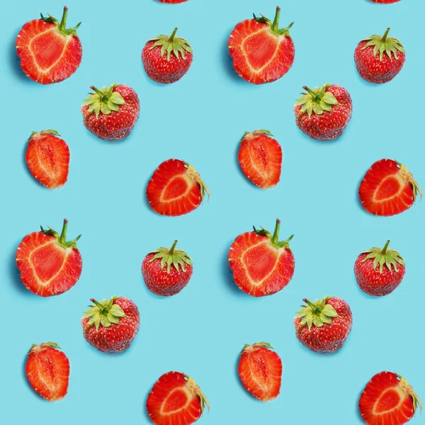 Seamless Background Ripe Strawberries Blue Background — Stock Photo, Image