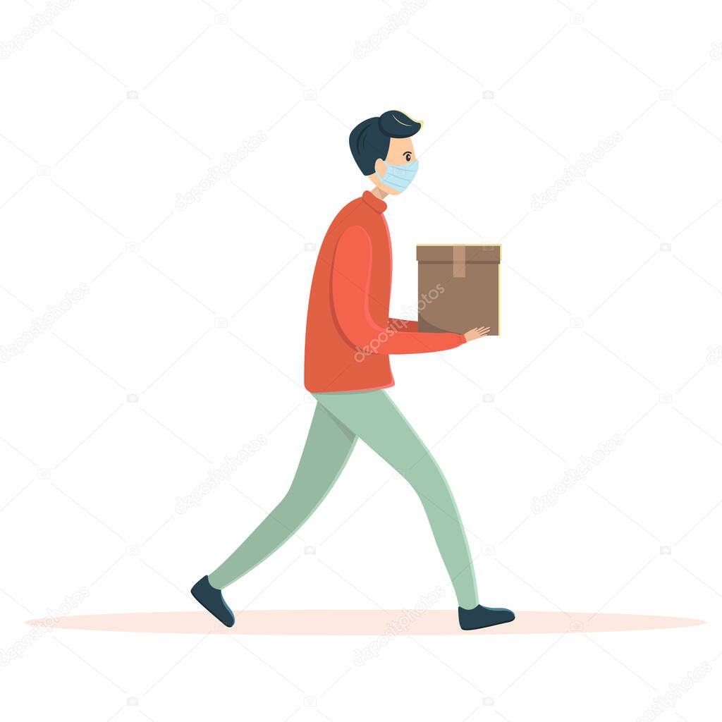 vector illustration of man in medical mask carrying box