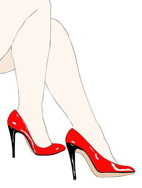 A woman in nylon stockings and red high-heeled shoes in white background