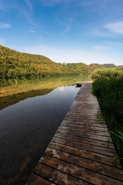 Dağ ve orman, Levico Terme, İtalya, Avrupa ile Lago di Levico (göl)