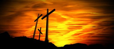 Black silhouette of three crosses at sunset, symbol of Good Friday. The Passion, the Crucifixion and the Death of Jesus Christ clipart