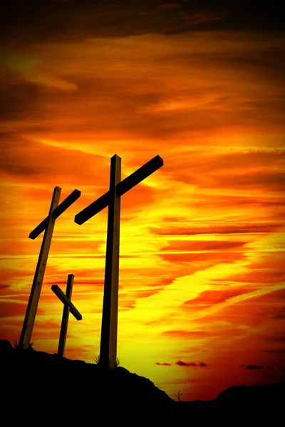 Black Silhouette Three Crosses Sunset Symbol Good Friday Passion Crucifixion — Stock Photo, Image