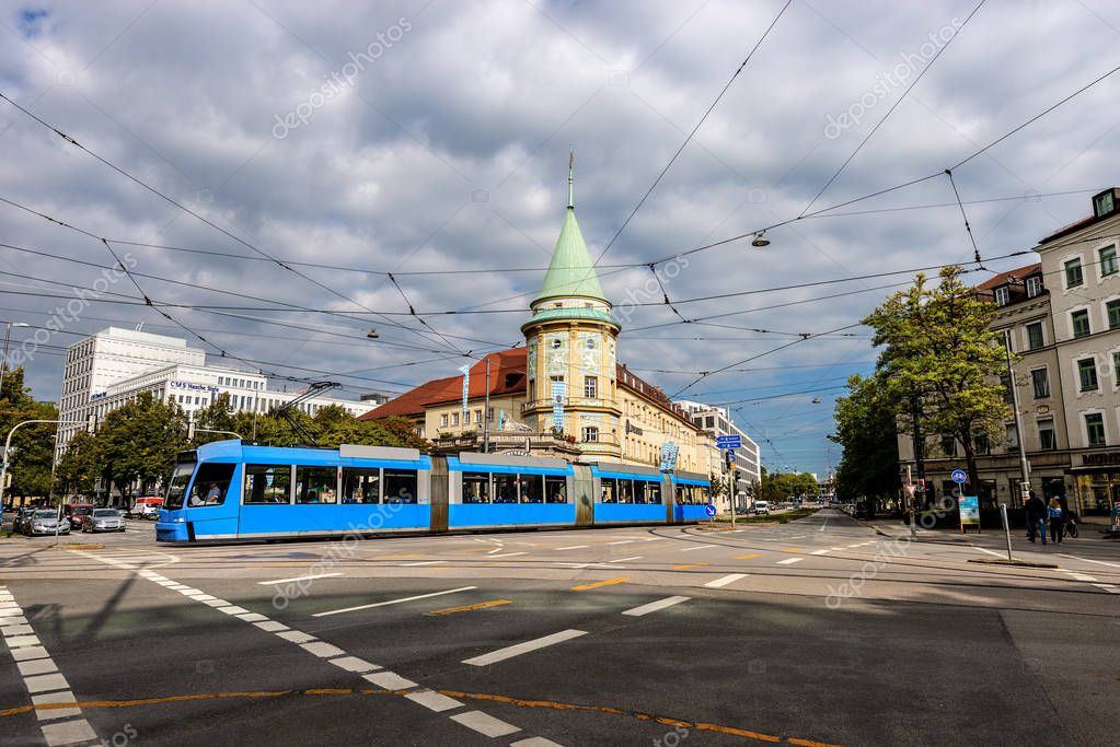 MUNICH, GERMANY - SEPT 8, 2018: The old brewery Lowenbrau keller or Lowenbraukeller (Lion beer) in Stiglmaierplatz, Munich, Bavaria, Germany
