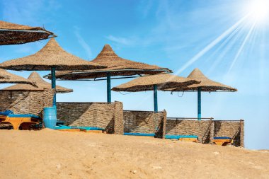 Şezlonglar ve hasır plaj şemsiyeleri, Red Sea Plajı, Marsa Alam, Mısır, Afrika