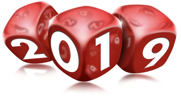 Ilustración Tres Dados Rojos Con Número 2019 Reflejos Concepto Año — Foto de Stock