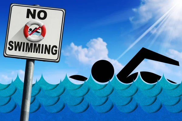 Niente Nuoto Segnale Pericolo Con Una Boa Salvataggio Cielo Blu — Foto Stock