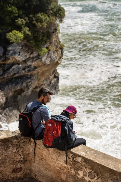 Tellaro Ligurien Italien April 2018 Två Unga Hiker Pojke Och — Stockfoto