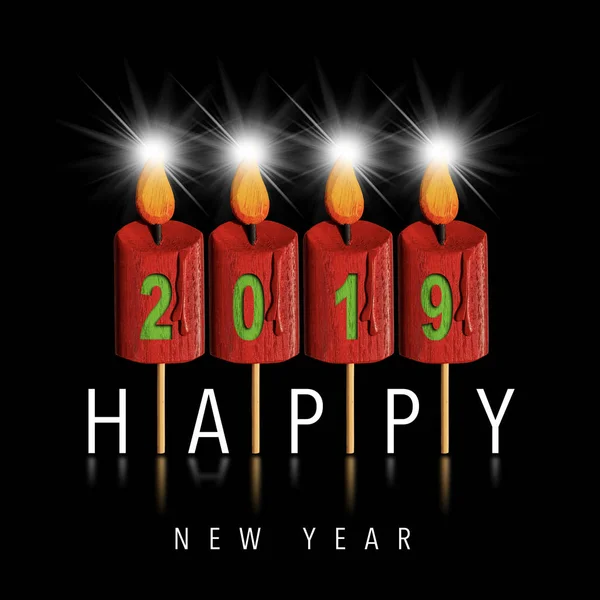 Cuatro Velas Madera Con Número 2019 Texto Feliz Año Nuevo — Foto de Stock