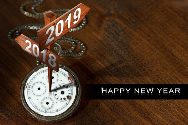 Frohes Neues Jahr 2019 Alte Taschenuhr Mit Zwei Holzschildern Mit — Stockfoto