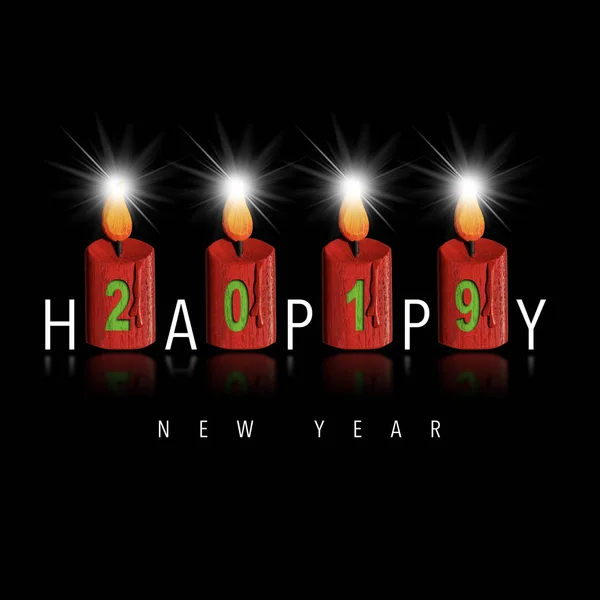 Four Wooden Candles Number 2019 Text Happy New Year Black — Stock Photo, Image