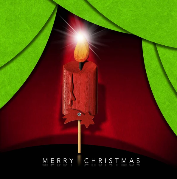 Buon Natale Candela Legno Con Stella Cometa Sfondo Rosso Verde — Foto Stock