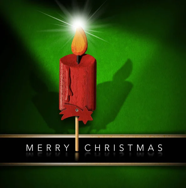 Merry Christmas Red Wooden Candle Comet Star Green Black Background — Stock Photo, Image