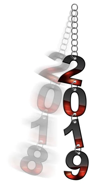 2019年新年和2018年最后一年 黑色和红色的数字挂在金属链子上 在白色背景上被隔离 — 图库照片