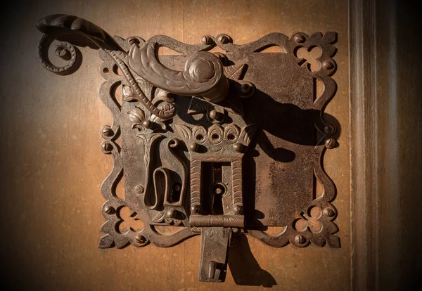 一个木门的特写镜头 有一个古老的锻铁锁 有两个锁孔和一个把手 — 图库照片