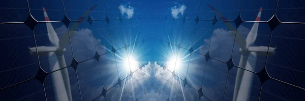 Närbild Solpanel Med Reflektion Ett Vindkraftverk Blå Himmel Med Moln — Stockfoto
